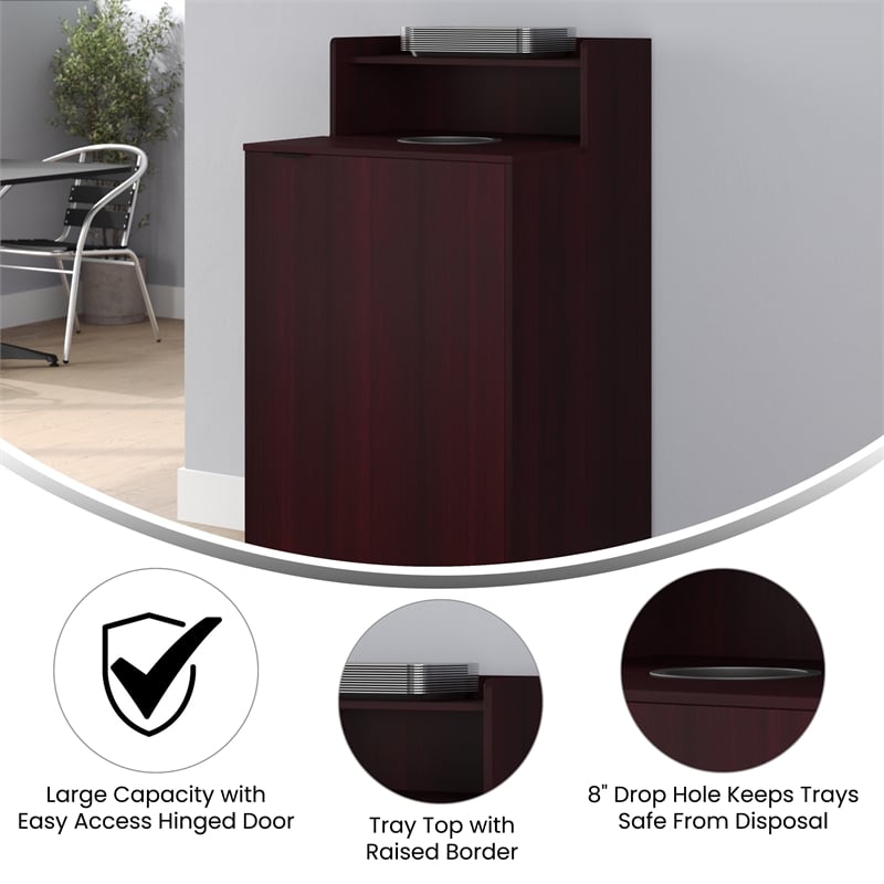 Commercial Grade 32 Gallon Wood Tray Top Trash Enclosure with Drop Hole-Mahogany