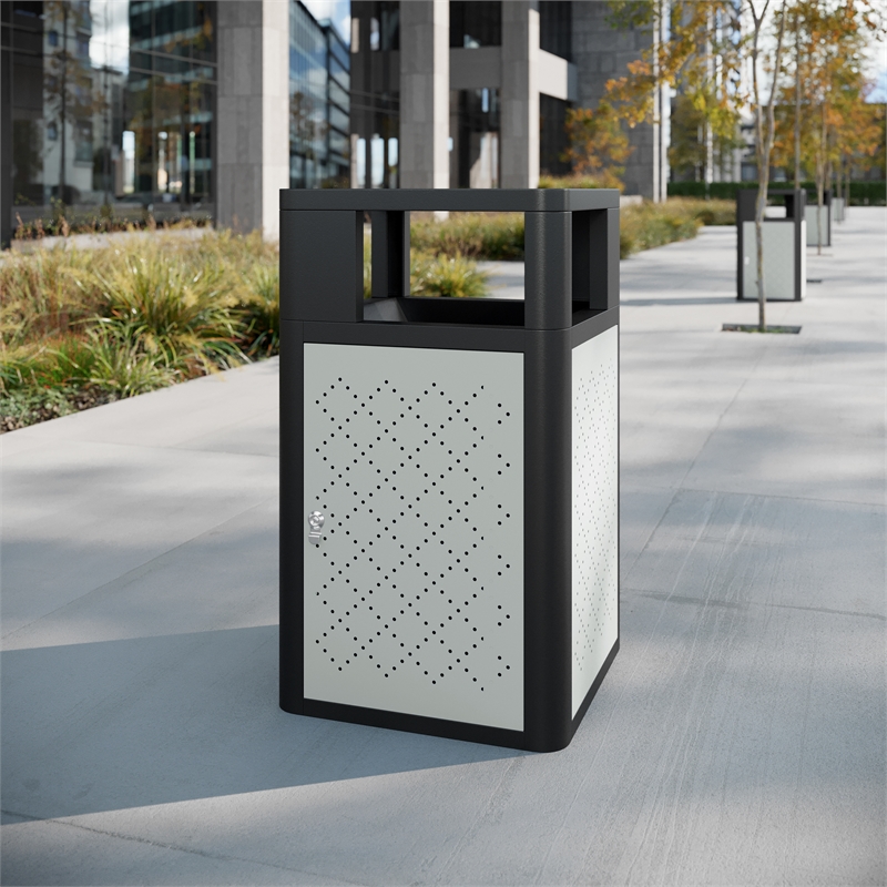 Commercial 31.4 GAL Steel Trash Can with Inner Bin Locking Access Door-BK/SIL