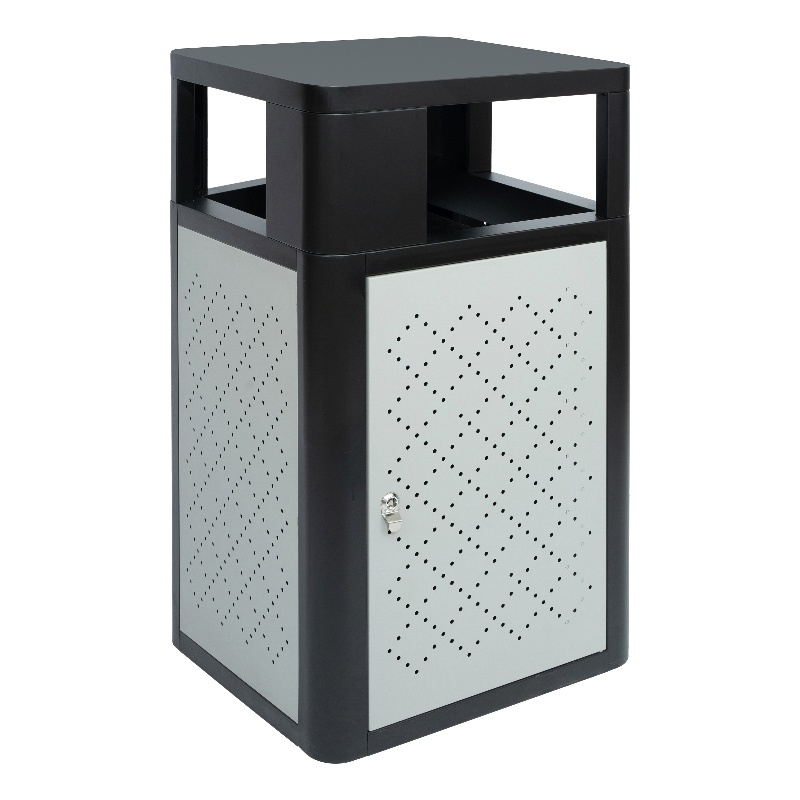 Commercial 31.4 GAL Steel Trash Can with Inner Bin Locking Access Door-BK/SIL