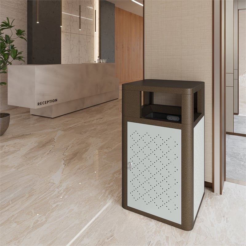 Commercial 31.4 GAL Steel Trash Can with Inner Bin Locking Access Door-BR/SIL