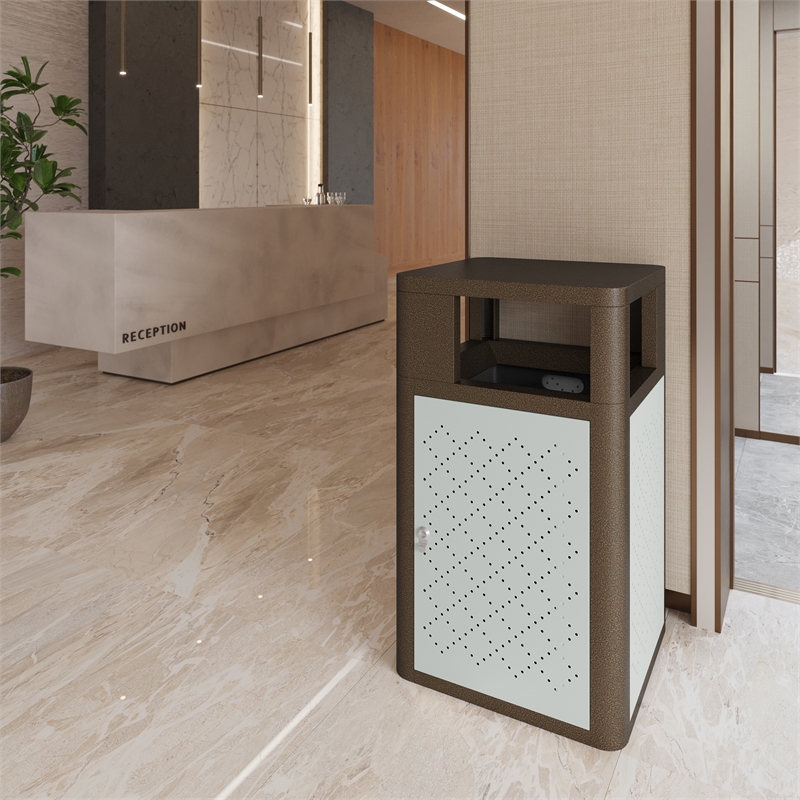 Commercial 31.4 GAL Steel Trash Can with Inner Bin Locking Access Door-BR/SIL