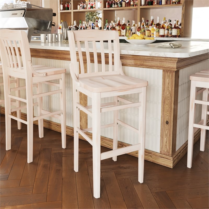 School House Back Antique White Wood Restaurant Barstool with Footrest