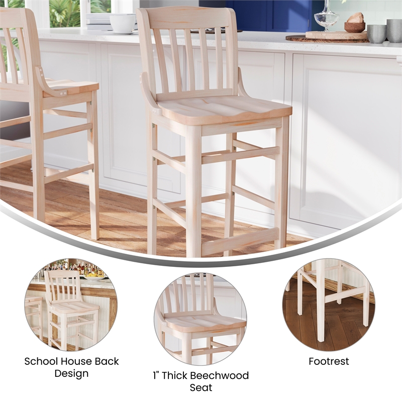School House Back Antique White Wood Restaurant Barstool with Footrest
