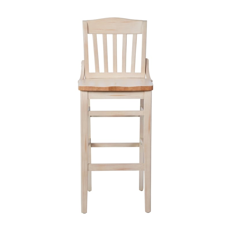 School House Back Antique White Wood Restaurant Barstool with Footrest