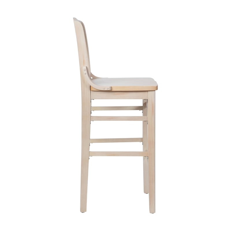 School House Back Antique White Wood Restaurant Barstool with Footrest