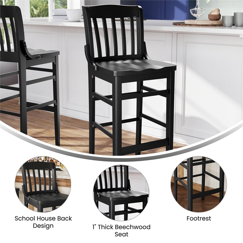 School House Back Black Wood Restaurant Barstool with Footrest