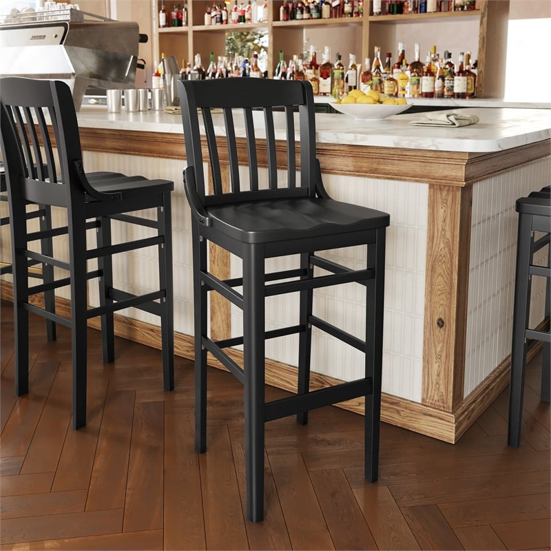 School House Back Black Wood Restaurant Barstool with Footrest
