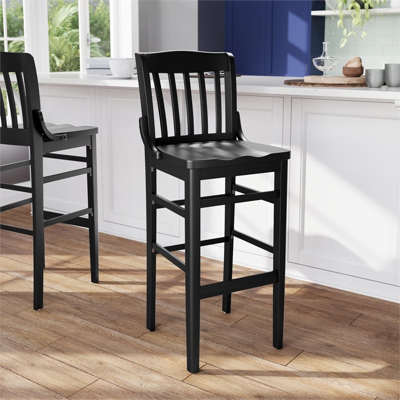 School House Back Black Wood Restaurant Barstool with Footrest
