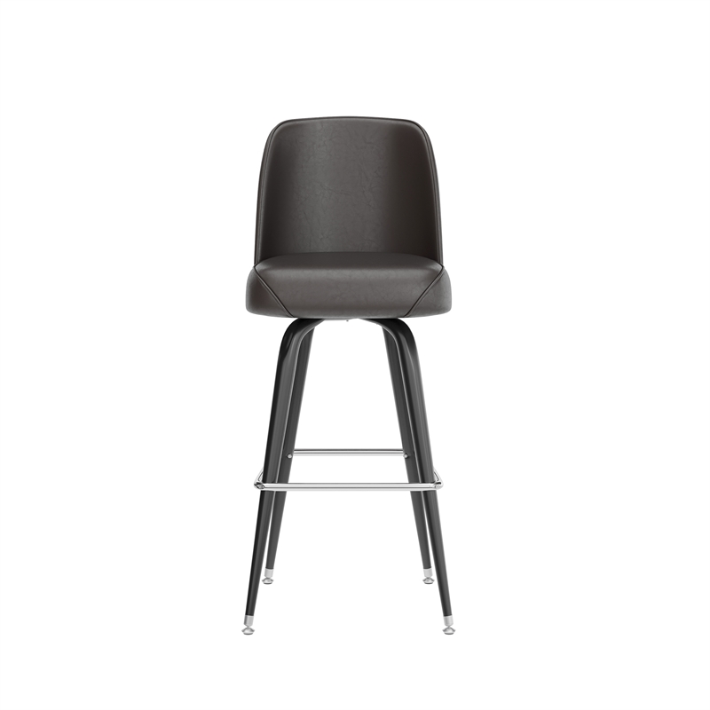 Metal Bar Stool with Swivel Vinyl Bucket Seat and Footrest in Dark Brown