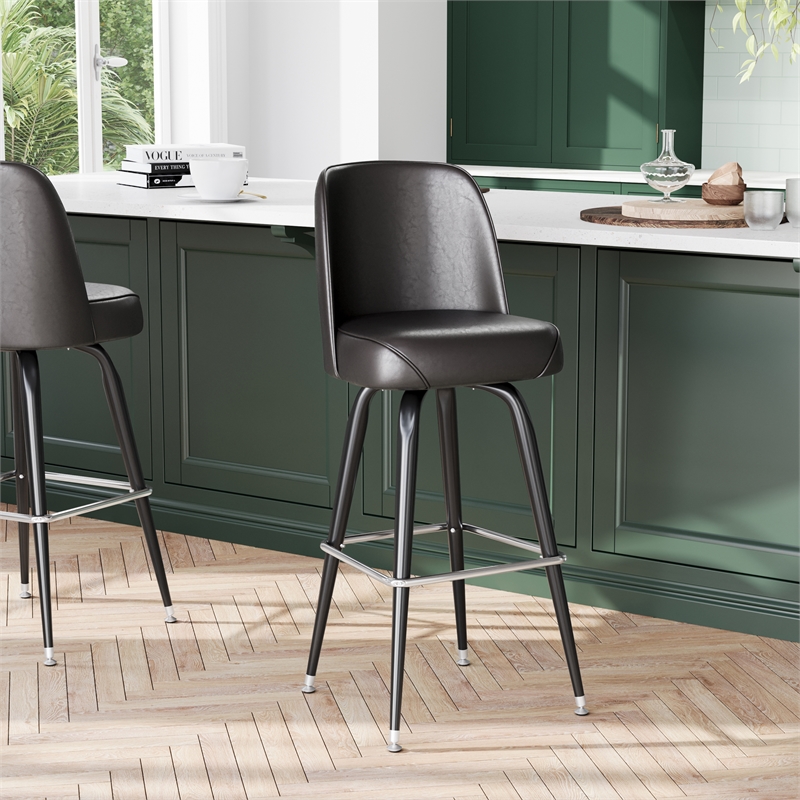 Metal Bar Stool with Swivel Vinyl Bucket Seat and Footrest in Dark Brown