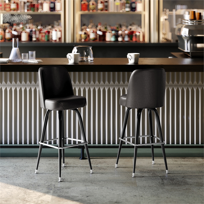 Metal Bar Stool with Swivel Vinyl Bucket Seat and Footrest in Dark Brown