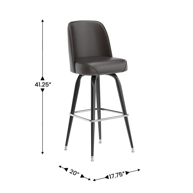 Metal Bar Stool with Swivel Vinyl Bucket Seat and Footrest in Dark Brown