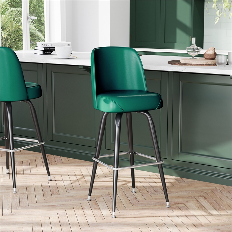Metal Bar Stool with Swivel Vinyl Bucket Seat and Footrest in Green