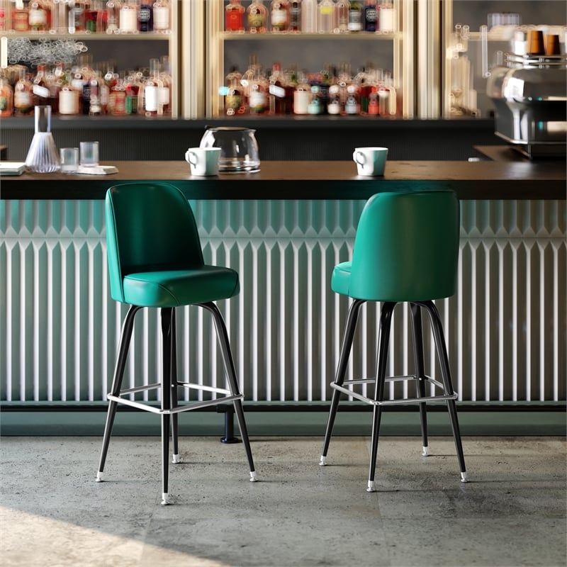 Metal Bar Stool with Swivel Vinyl Bucket Seat and Footrest in Green