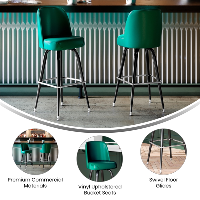Metal Bar Stool with Swivel Vinyl Bucket Seat and Footrest in Green