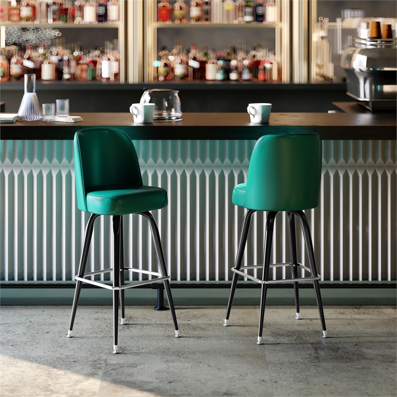 Metal Bar Stool with Swivel Vinyl Bucket Seat and Footrest in Green