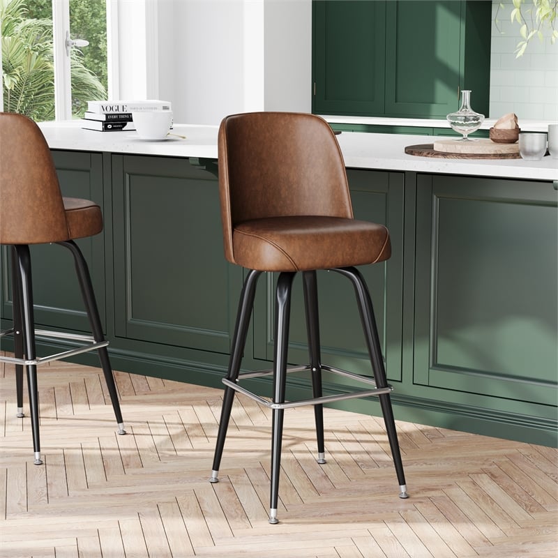 Metal Bar Stool with Swivel Vinyl Bucket Seat and Footrest in Weathered Brown