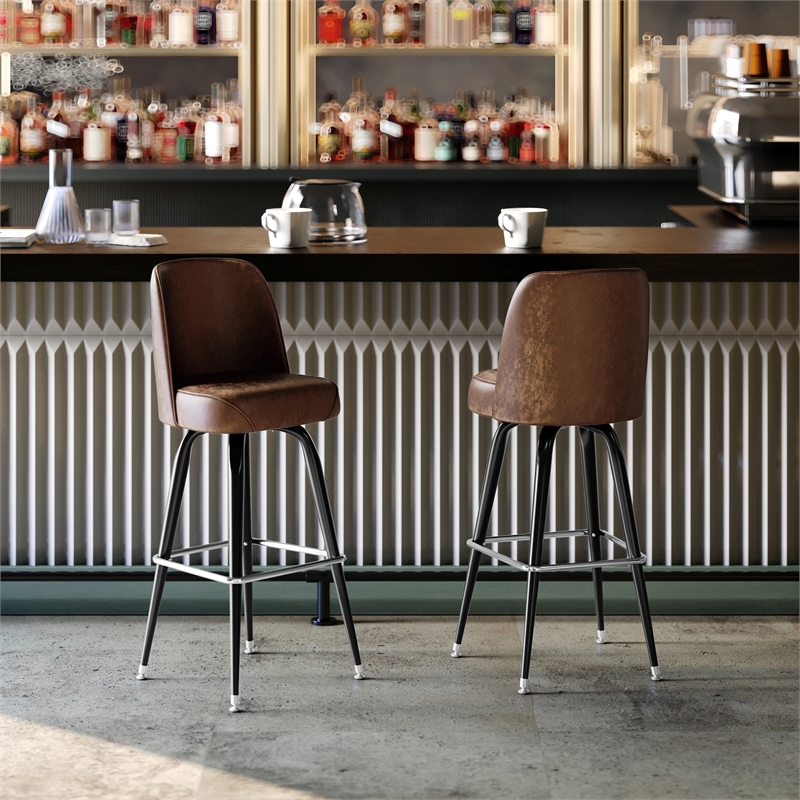 Metal Bar Stool with Swivel Vinyl Bucket Seat and Footrest in Weathered Brown