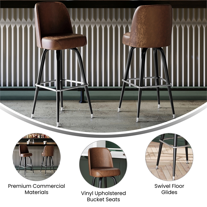 Metal Bar Stool with Swivel Vinyl Bucket Seat and Footrest in Weathered Brown