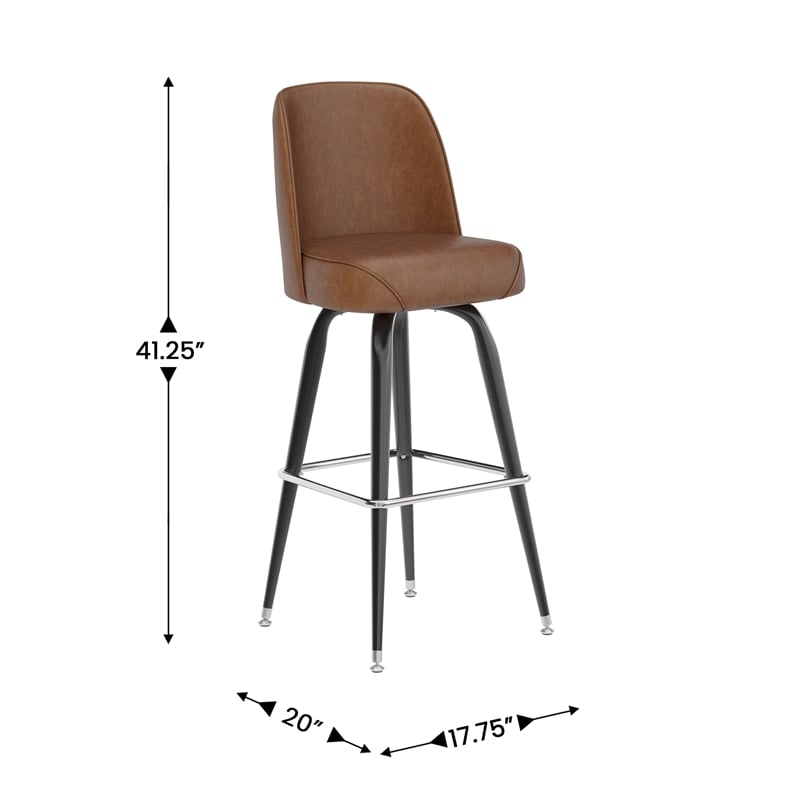 Metal Bar Stool with Swivel Vinyl Bucket Seat and Footrest in Weathered Brown