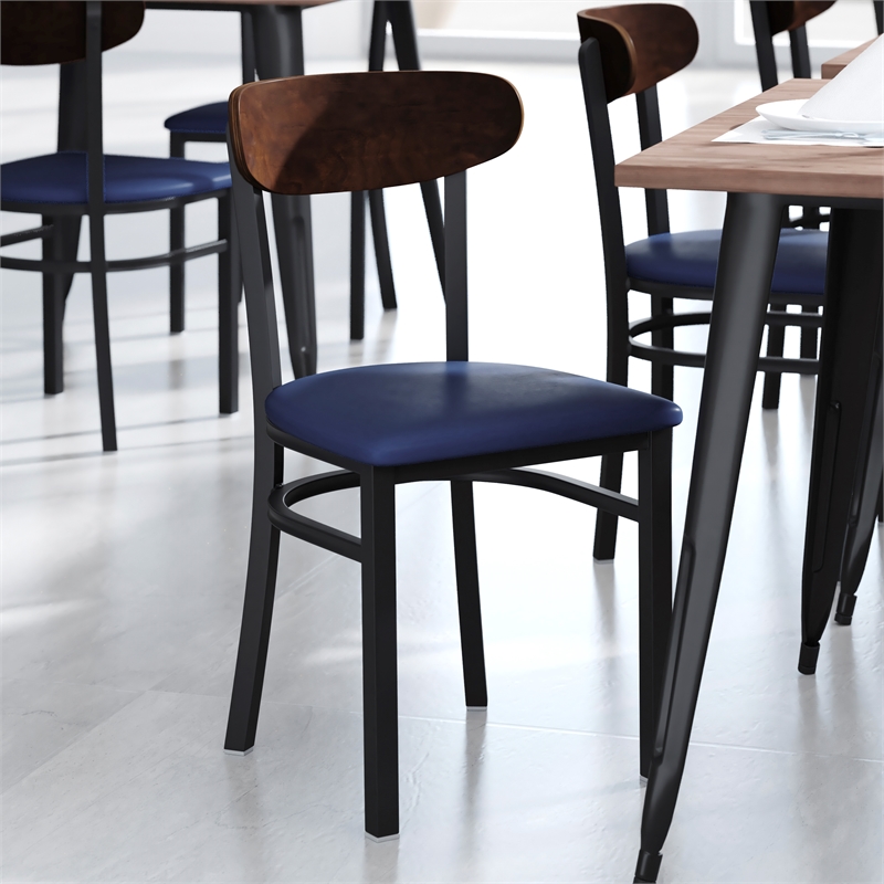 Commercial Metal Dining Chair - Vinyl Seat and Wood Boomerang Back-Blue/Walnut
