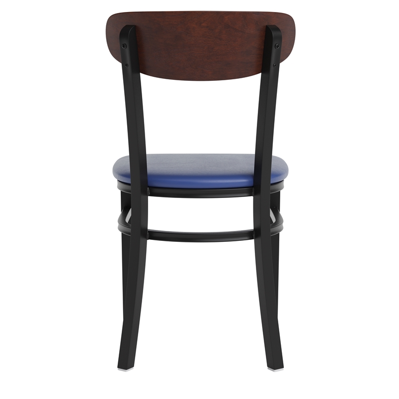 Commercial Metal Dining Chair - Vinyl Seat and Wood Boomerang Back-Blue/Walnut