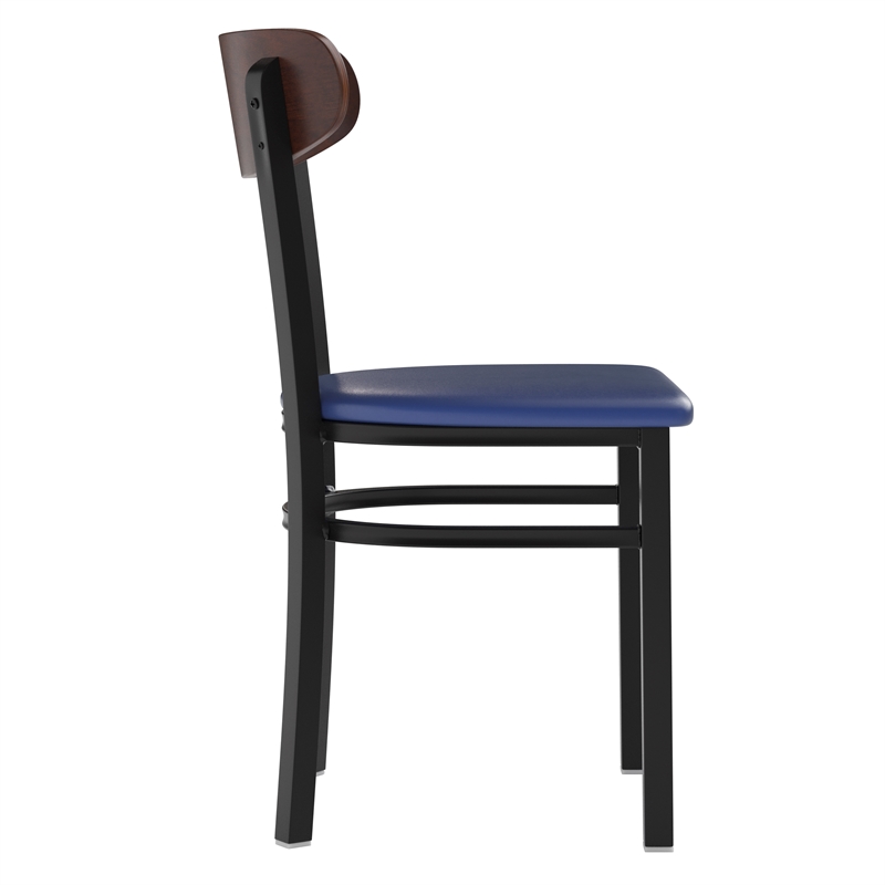 Commercial Metal Dining Chair - Vinyl Seat and Wood Boomerang Back-Blue/Walnut