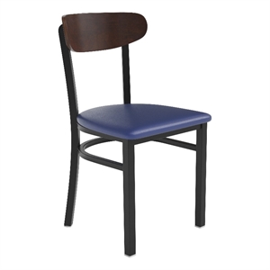 Commercial Metal Dining Chair - Vinyl Seat and Wood Boomerang Back-Blue/Walnut