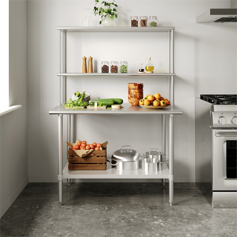 Commercial Stainless Steel Work Table with 2 Overshelves and 1 Undershef-30x48