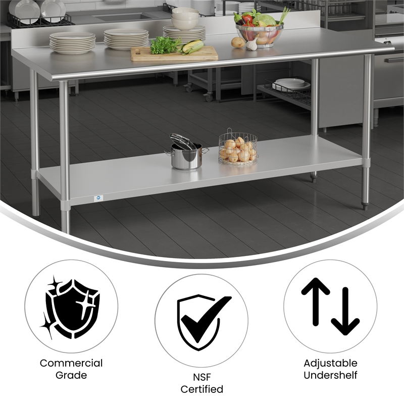 Commercial Stainless Steel Kitchen Prep and Work Table with Shelf and Backsplash