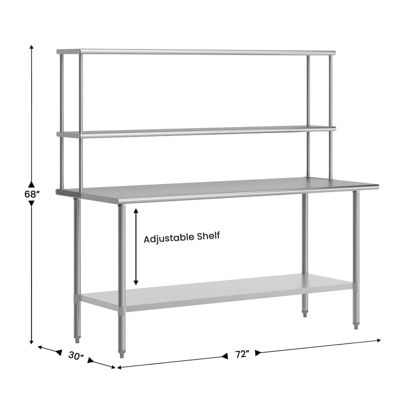 Commercial Stainless Steel Work Table with 2 Overshelves and 1 Undershef-30x72
