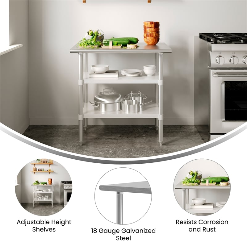 Commercial Stainless Steel 18 Gauge Work Table with 2 Undershelves - 24x36