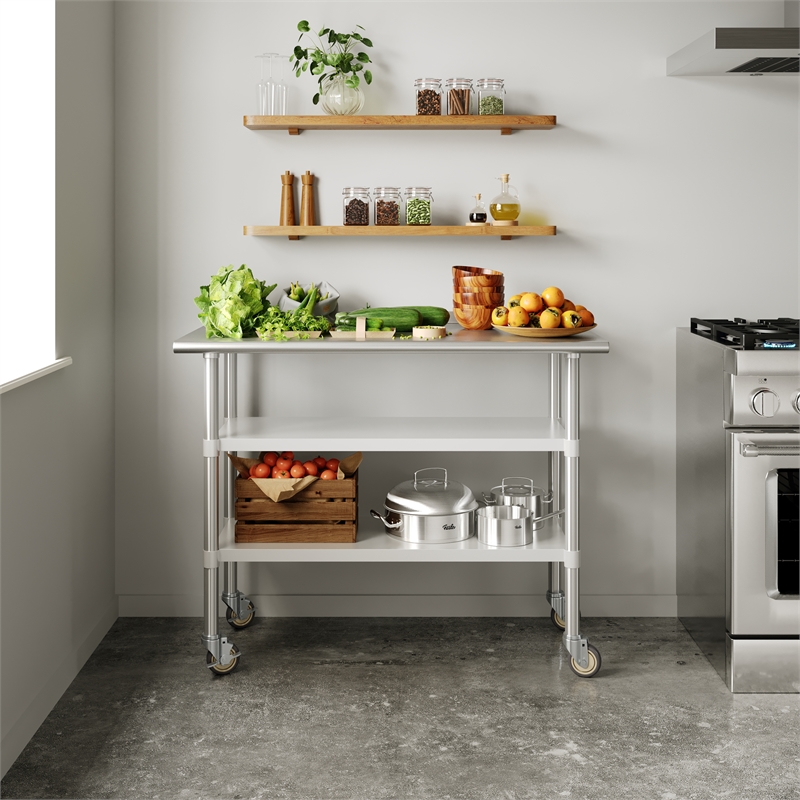 Commercial Stainless Steel Work Table with Dual Undershelves and Casters - 24x48