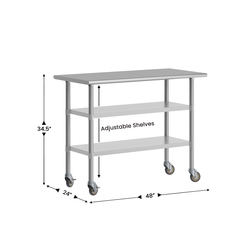 Commercial Stainless Steel Work Table with Dual Undershelves and Casters - 24x48