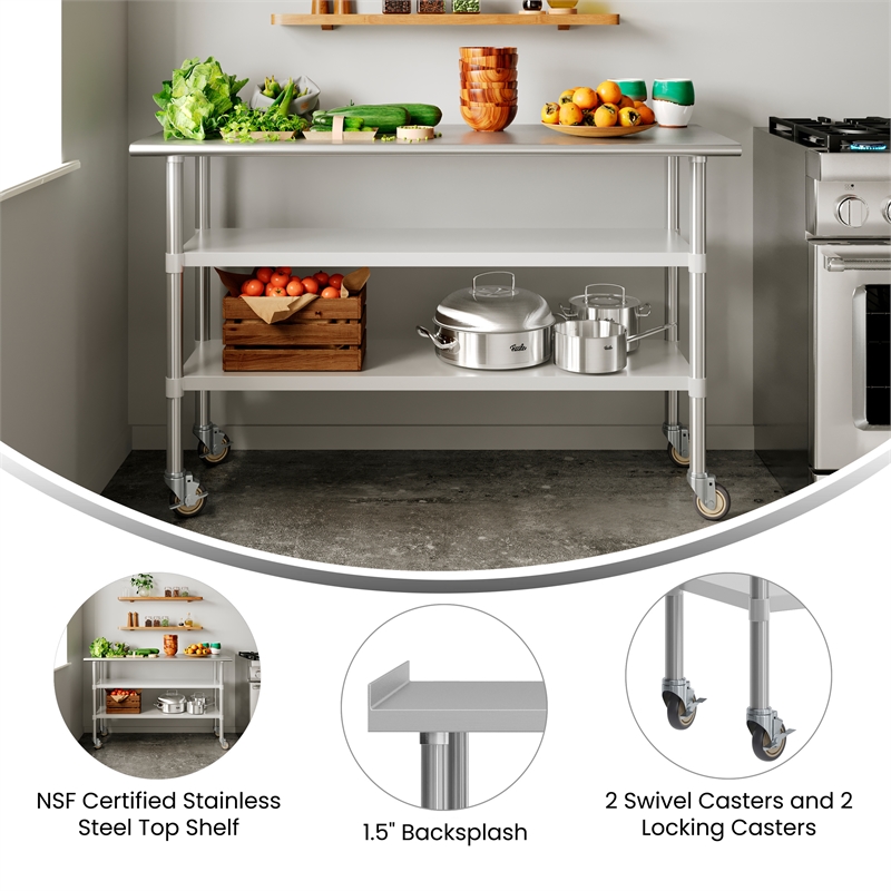 Commercial Stainless Steel Work Table with Backsplash and 2 Undershelves -24x60