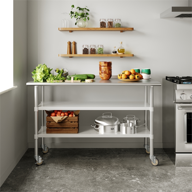 Commercial Stainless Steel Work Table with Dual Undershelves and Casters - 24x60