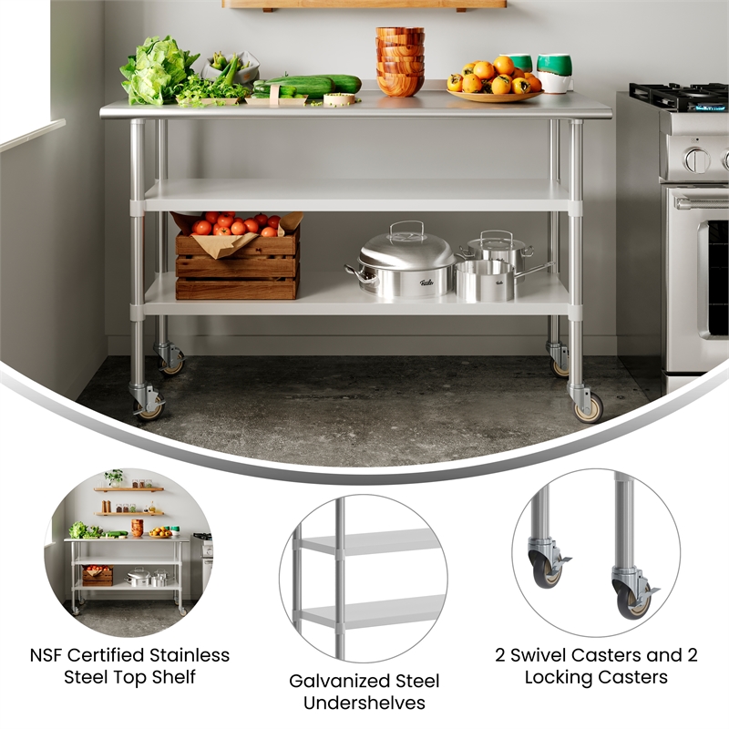 Commercial Stainless Steel Work Table with Dual Undershelves and Casters - 24x60