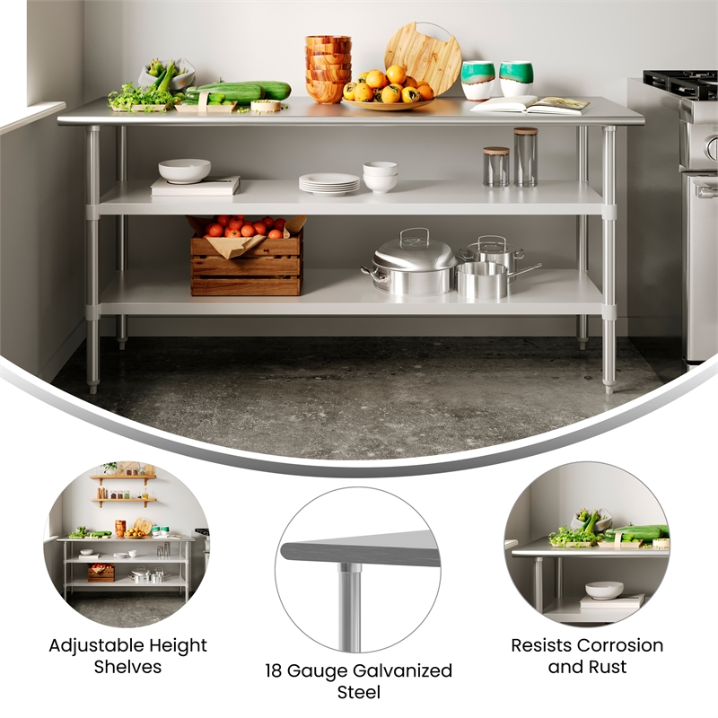 Commercial Stainless Steel 18 Gauge Work Table with 2 Undershelves - 24x72