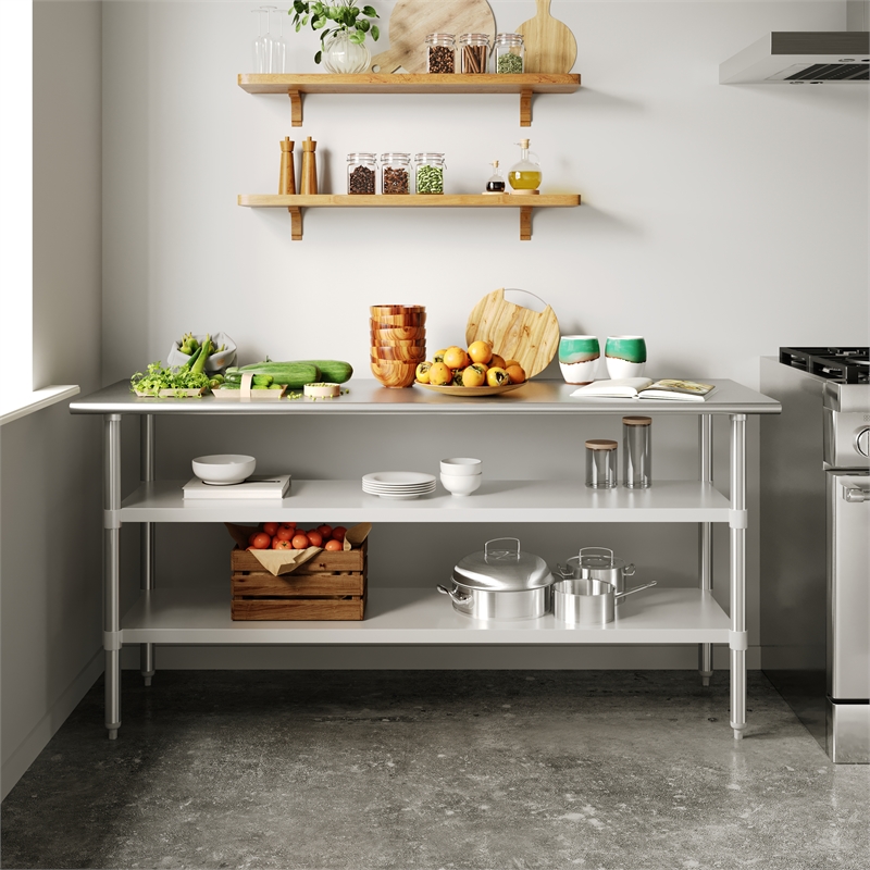 Commercial Stainless Steel 18 Gauge Work Table with 2 Undershelves - 24x72