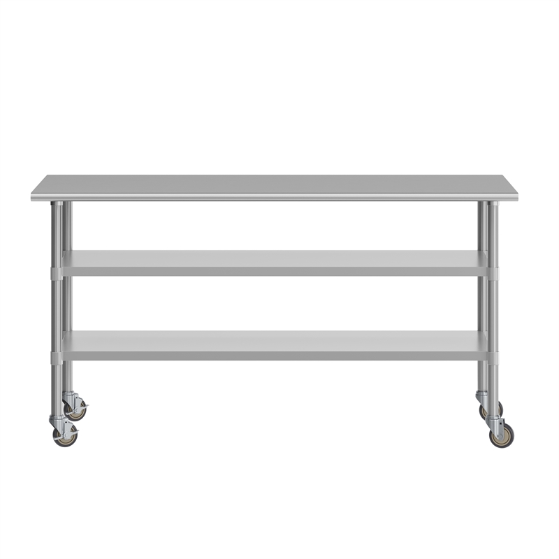 Commercial Stainless Steel Work Table with Dual Undershelves and Casters - 30x72