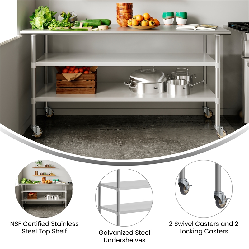 Commercial Stainless Steel Work Table with Dual Undershelves and Casters - 30x72