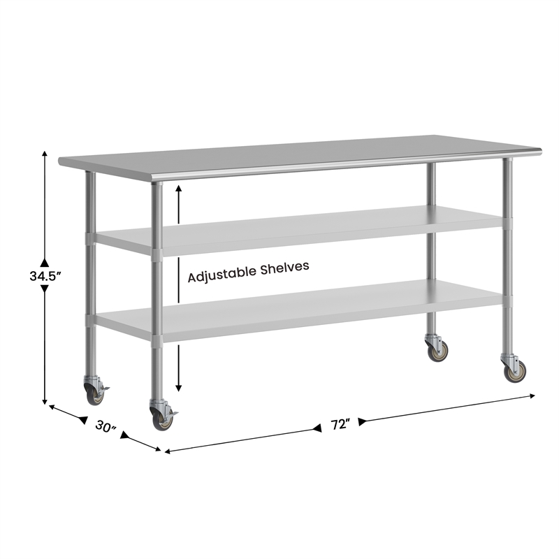 Commercial Stainless Steel Work Table with Dual Undershelves and Casters - 30x72