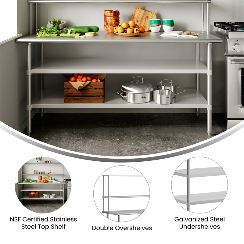 Commercial Stainless Steel Work Table with 2 Overshelves and Undershelves-30x72