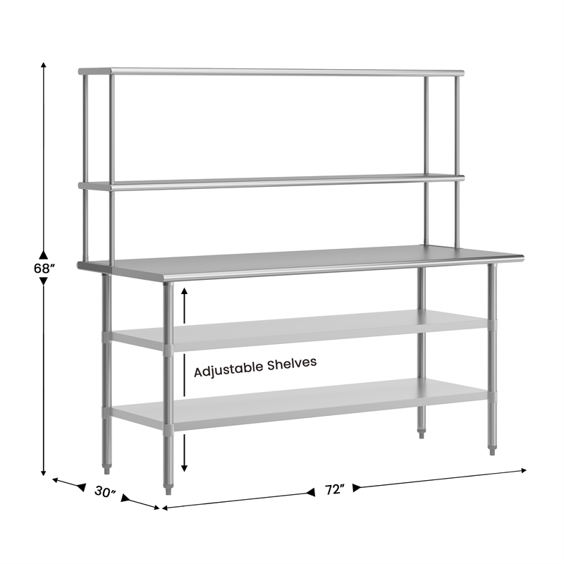 Commercial Stainless Steel Work Table with 2 Overshelves and Undershelves-30x72