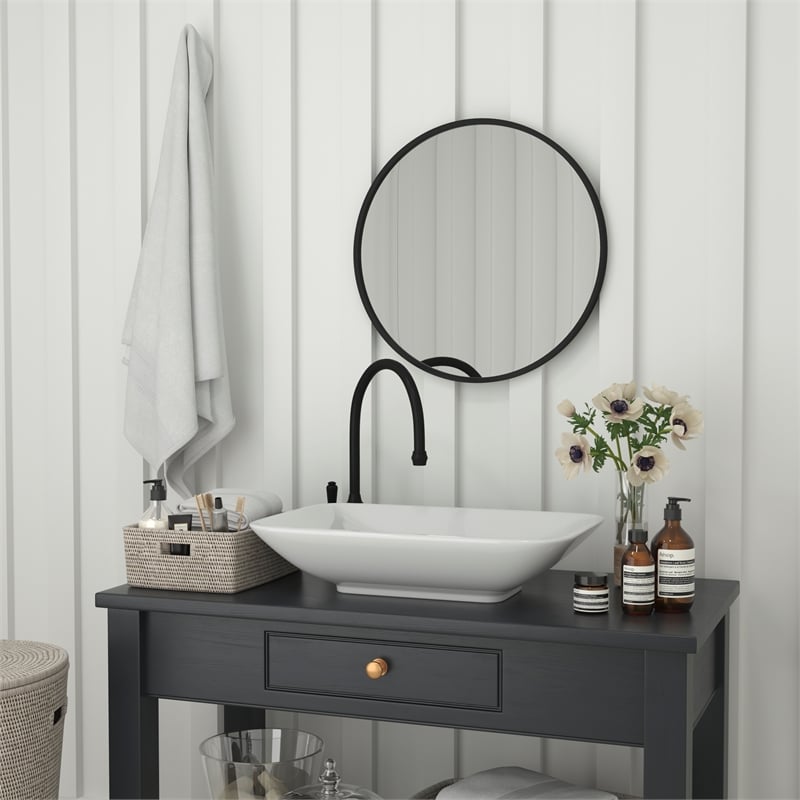 Wall Mount 24 Inch Shatterproof Round Accent Wall Mirror with Black Metal Frame