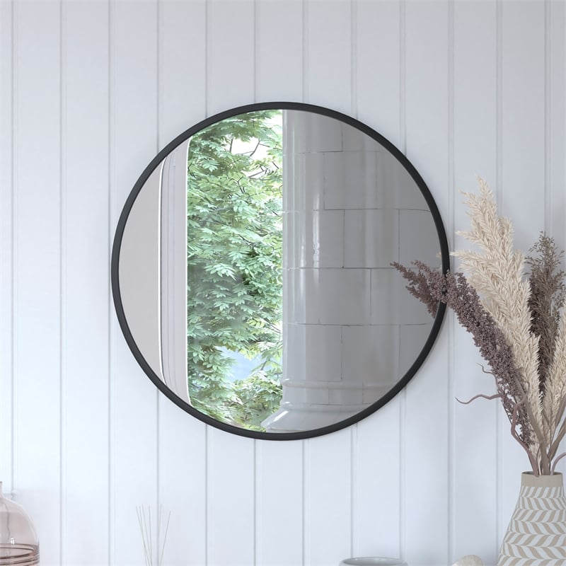 Wall Mount 24 Inch Shatterproof Round Accent Wall Mirror with Black Metal Frame