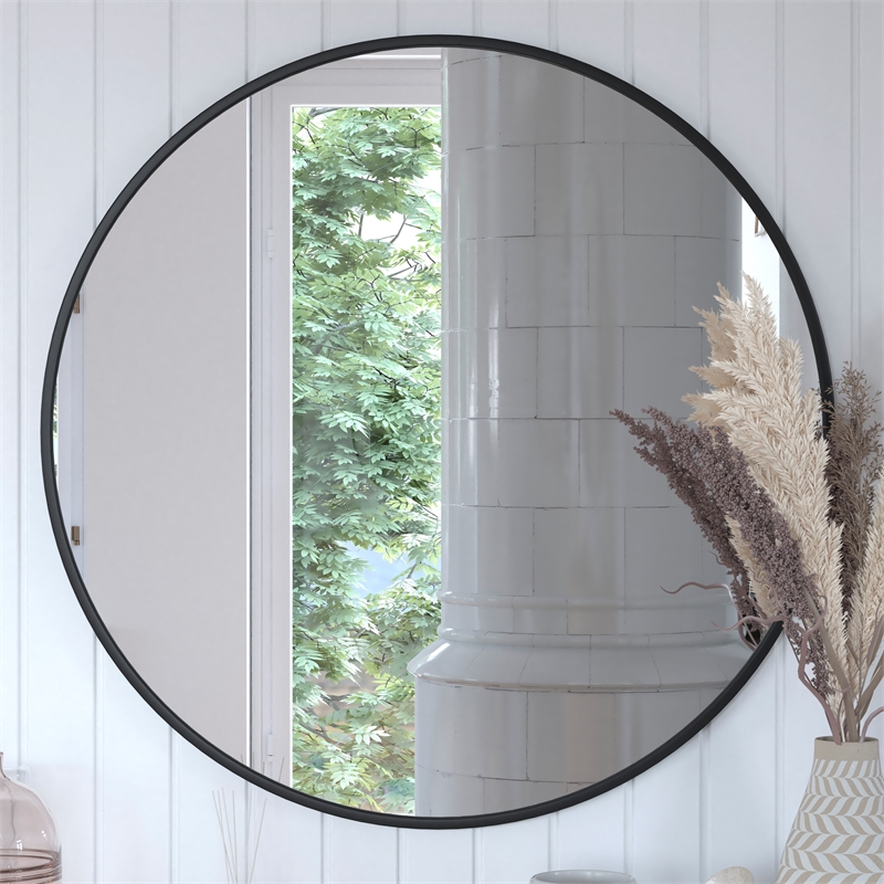 Wall Mount 36 Inch Shatterproof Round Accent Wall Mirror with Black Metal Frame