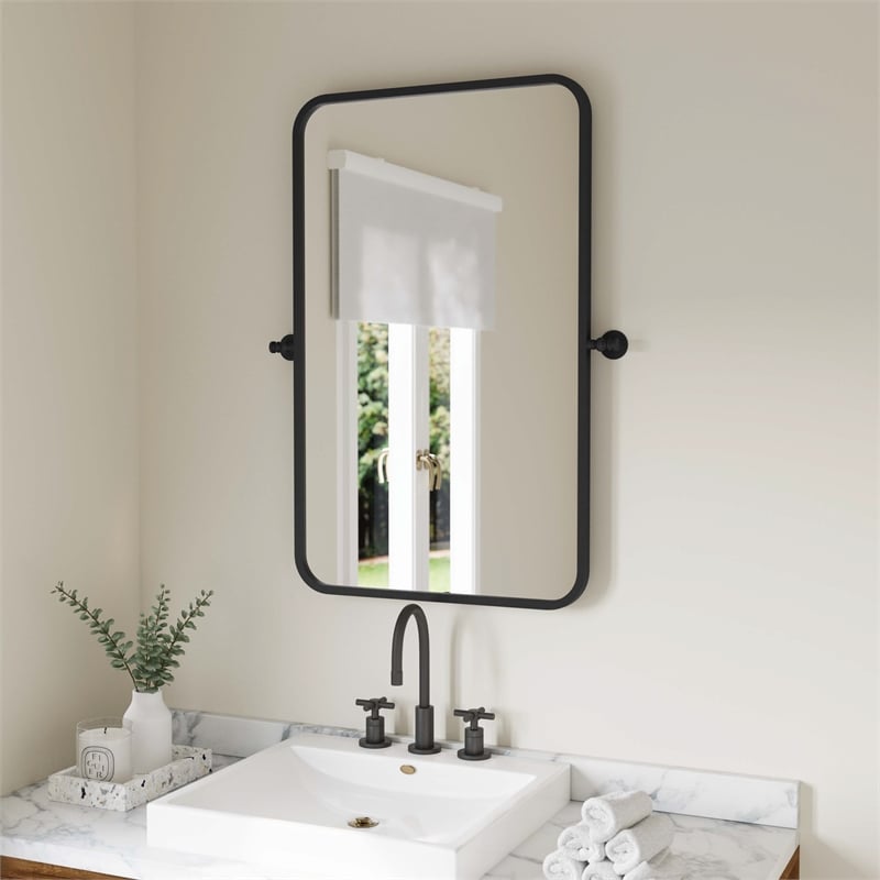 Metal Pivot Wall Mirror with Tilt Feature Slim Style Frame in Black - 35