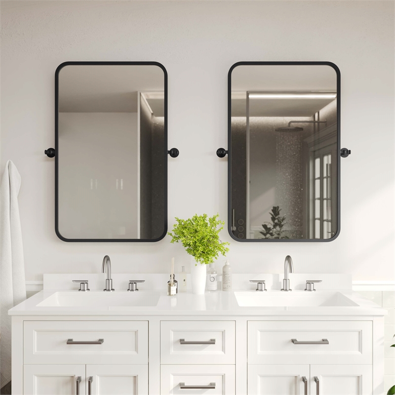 Metal Pivot Wall Mirror with Tilt Feature Slim Style Frame in Black - 35