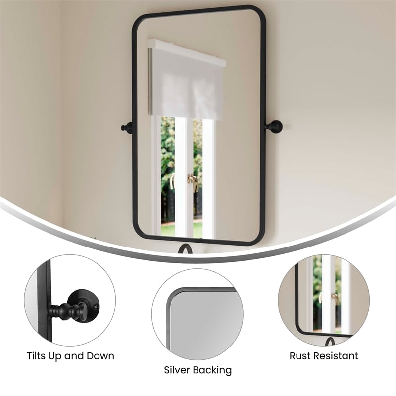 Metal Pivot Wall Mirror with Tilt Feature Slim Style Frame in Black - 35
